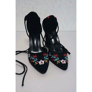 Floral Lace Up Black Suede Heels Sz 7.5 Unbranded Cottagecore Preppy Boho